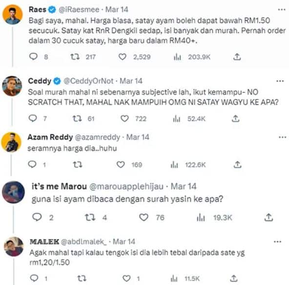 TERKEJUT! Beli satay 30 cucuk dengan harga lebih RM100. Satay yang dahulunya makanan rakyat marhain, kini mungkin sudah menjadi juadah kayangan apabila terpaksa membayar ratusan ringgit untuk beberapa cucuk satay sahaja. Bahan satay diimport dari atas langit agaknya tu.