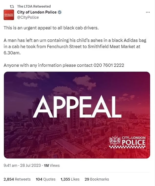 Ada penumpang teksi tertinggal bayi dan gigi palsu, tapi pelupanya bapa ini buat kecoh London. Seorang lelaki secara tidak sengaja tertinggal bekas berisi abu mayat anaknya di belakang tempat duduk sebuah teksi yang dinaikinya.