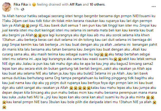 Dah jaga 13 tahun, suami lari ikut 'betina' lain. Di Facebook, seorang wanita meluahkan rasa kecewa apabila suaminya lari bersama skandal yang baru dikenalinya selama 3 bulan.