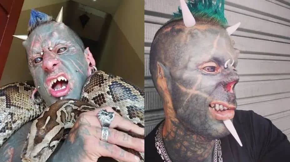 Elok-elok jadi manusia, lelaki ubah diri jadi 'syaitan', siap ajak bini sekali.Seorang peminat tatu yang digelar ‘Syaitan’ mengambil masa lapan jam di sebuah klinik tatu untuk mendapatkan imej peminat tatu Perancis, Anthony Loffredo yang lebih dikenali sebagai ‘Makhluk Asing Hitam’, lapor laman Mirror UK semalam.Michel Faro Praddo dari bandar Praia Grande di Brazil berkata, imej pada kakinya itu adalah penghormatan buat Loffredo.