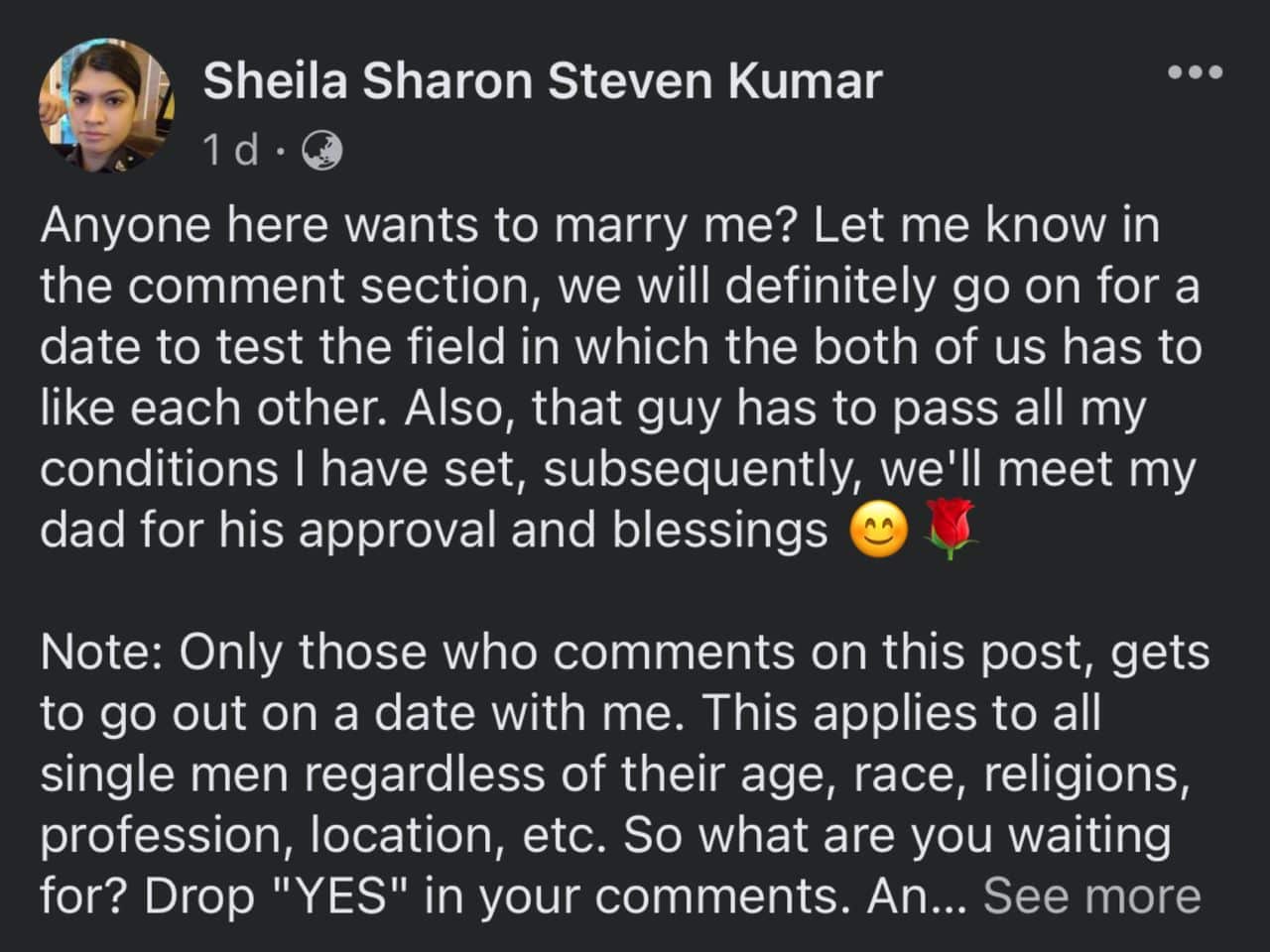 Inspektor Sheila ajak lelaki kawin dengannya, netizen tanya pangkat rendah boleh ke? Sesiapa yang berminat untuk berkahwin dengan Inspektor Sheila boleh mencuba nasib dengan membalas hantarannya di Facebook sebelum 1 Julai.