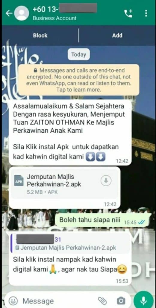 Licik betul scammer sekarang, guna jemputan kahwin perangkap mangsa. Pelbagai taktik scam dan penipuan kini makin menular terutamanya melalui smartphone. Tambahan pula, penggunaan applikasi seperti WhatsApp dan Telegram kini cukup meluas di kalangan pengguna smartphone di Malaysia.
