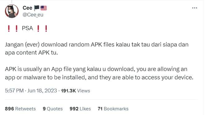 Licik betul scammer sekarang, guna jemputan kahwin perangkap mangsa. Pelbagai taktik scam dan penipuan kini makin menular terutamanya melalui smartphone. Tambahan pula, penggunaan applikasi seperti WhatsApp dan Telegram kini cukup meluas di kalangan pengguna smartphone di Malaysia.
