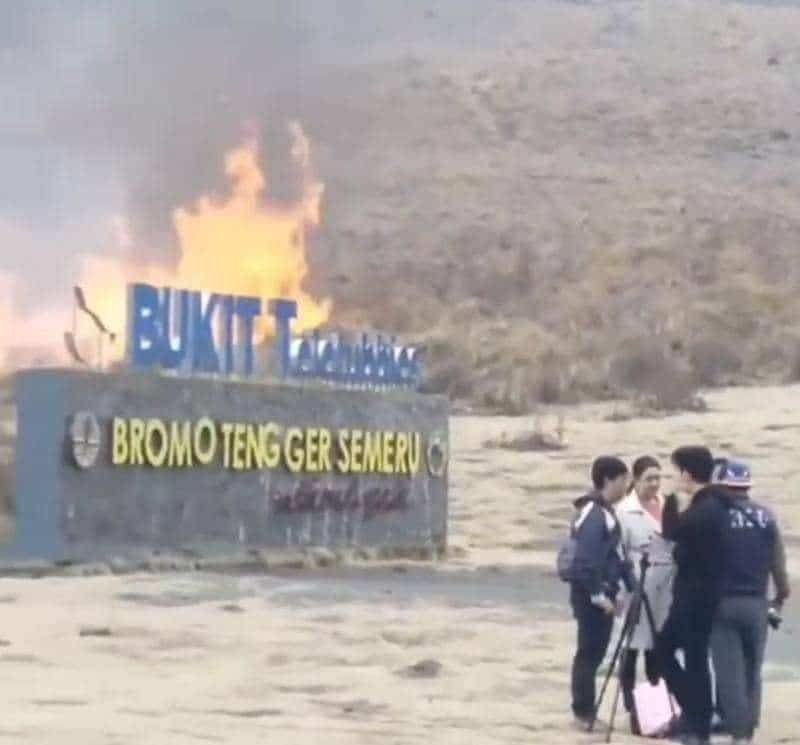 Angkara mercun suar demi kenangan manis pengantin, habis hangus hamparan rumput di Gunung Bromo
