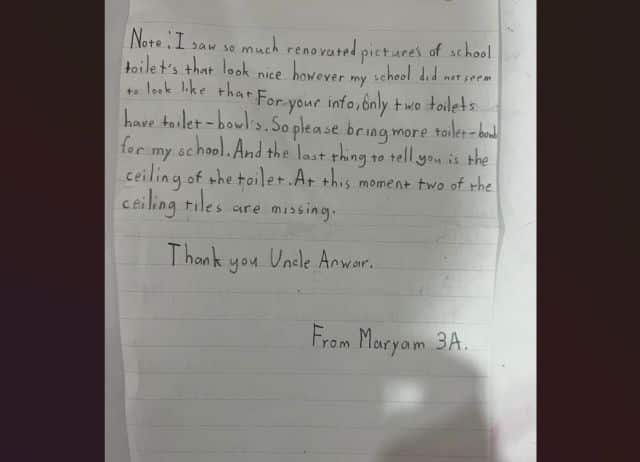 Murid darjah 3 berani tulis surat minta PM bantu selesaikan masalah tandas sekolah, ini jawapan Anwar