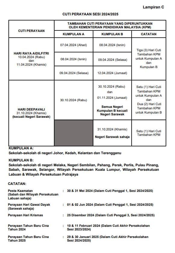 Jadual rujukan ibu - ibu, ini takwim persekolahan sesi 2024/2025