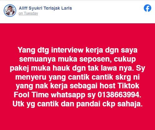 Pakej muka hauk dan tak... Aliff Syukri dikecam netizen selepas 'face shaming' calon temuduga