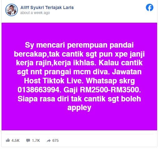 Pakej muka hauk dan tak... Aliff Syukri dikecam netizen selepas 'face shaming' calon temuduga