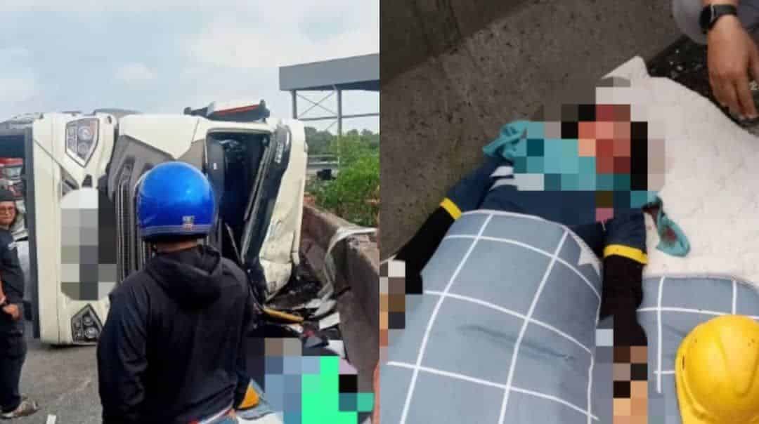 Terlalu laju masa 'kona', pemandu wanita kontena muatan berat cedera lori terbabas