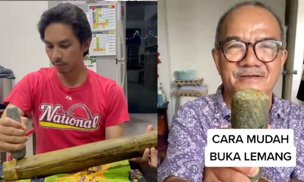 lelaki ini kongsi cara mudah buka buluh lemang guna lesung batu